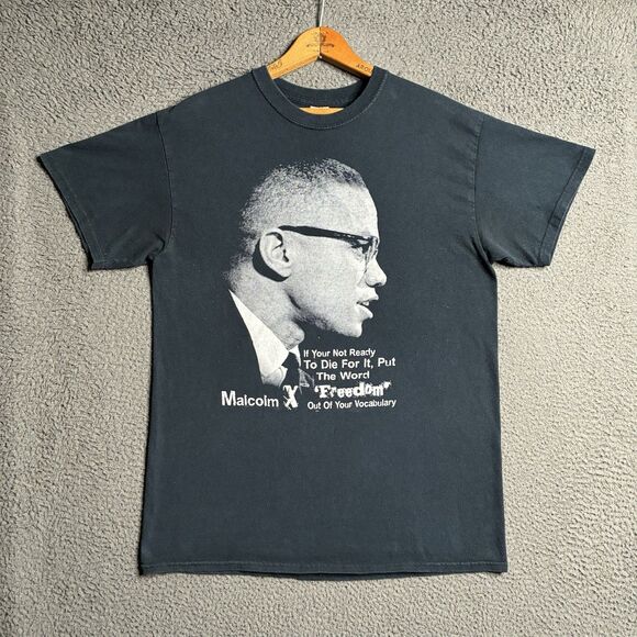 Vintage Y2K Malcolm X By Any Means Necessary Speech T-Shirt Medium Faded Black - Picture 2 of 13